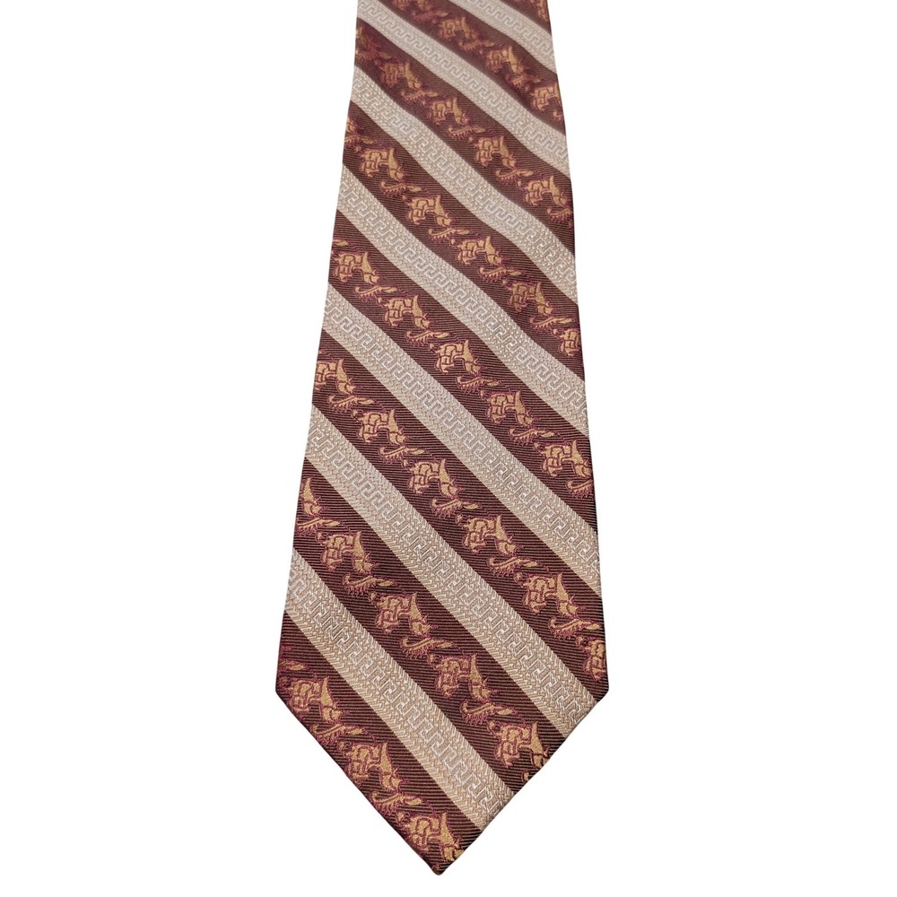 Farentino Ferre Tie Burgundy Gold Silk Stripe‎ Heraldic Lion Greek Key